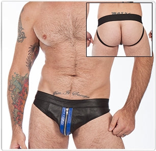 Titus Leather Zipper Jockstrap with Double Stripes | Blue