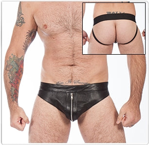 Titus Leather Perforated Zipper Jock Stripes Black