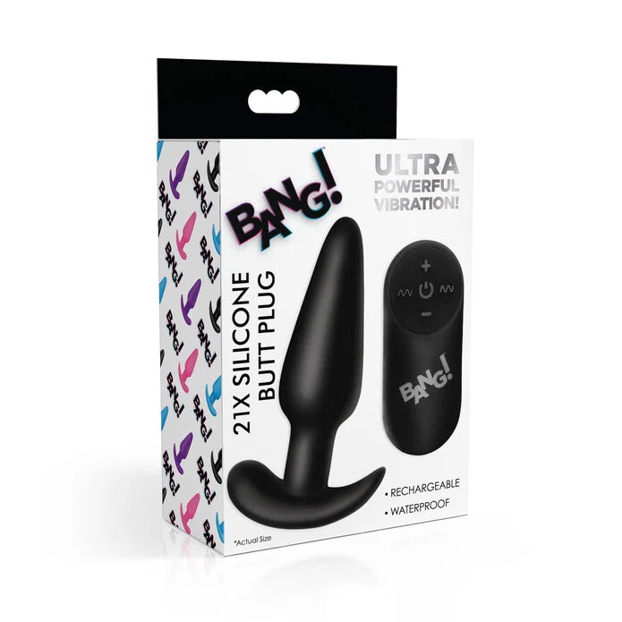 BANG! 21X Vibrating Silicone Butt Plug w/ Remote Control - Black