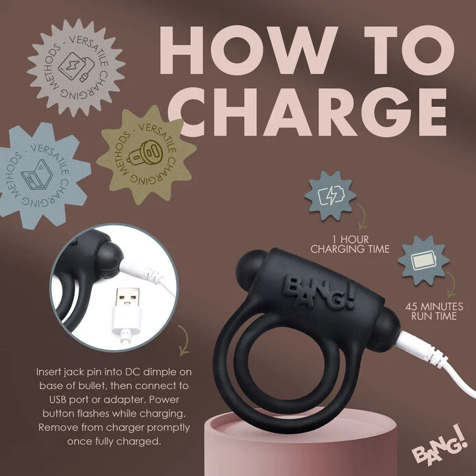 BANG! Silicone Cock Ring & Bullet w/ Remote Control - Black