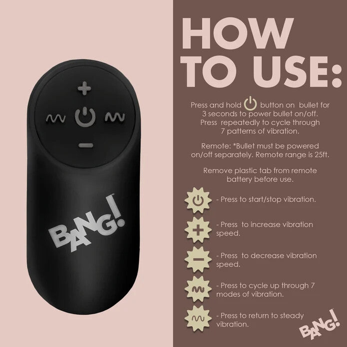 BANG! Silicone Cock Ring & Bullet w/ Remote Control - Black