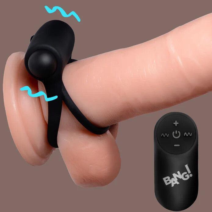 BANG! Silicone Cock Ring & Bullet w/ Remote Control - Black