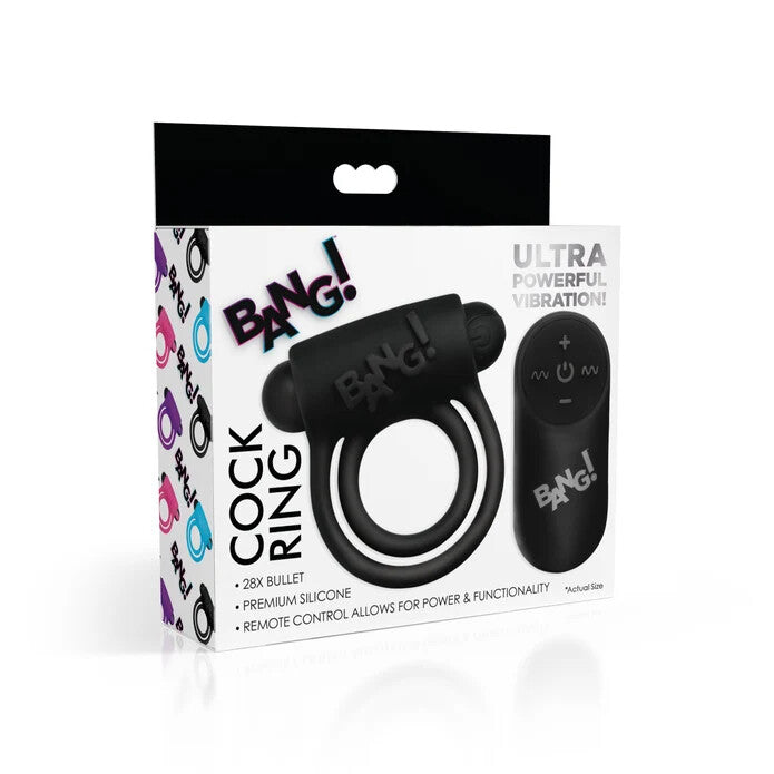 BANG! Silicone Cock Ring & Bullet w/ Remote Control - Black