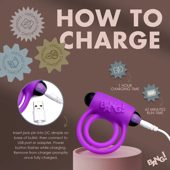 BANG! Silicone Cock Ring & Bullet w/ Remote Control - Purple