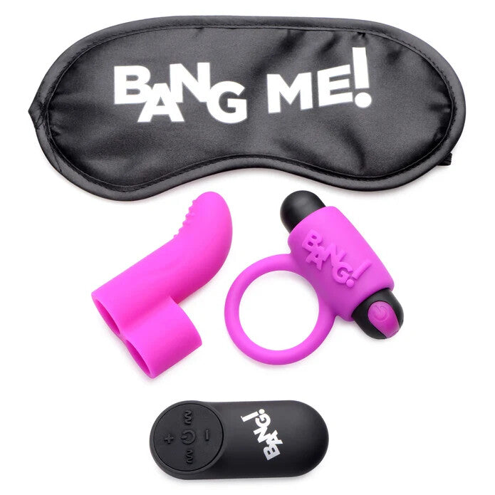 BANG! Couple's Love Ring, Finger Vibe, Bullet, & Blindfold Kit - Purple