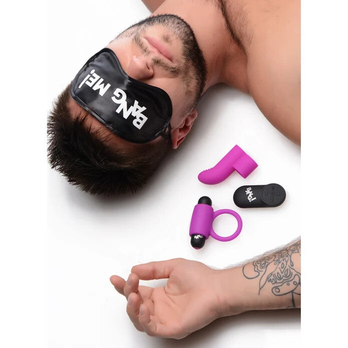 BANG! Couple's Love Ring, Finger Vibe, Bullet, & Blindfold Kit - Purple