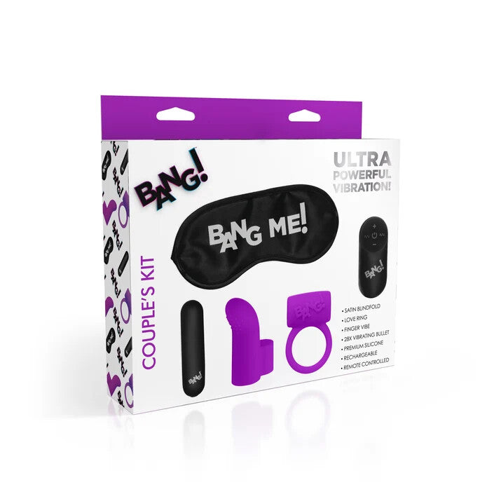BANG! Couple's Love Ring, Finger Vibe, Bullet, & Blindfold Kit - Purple