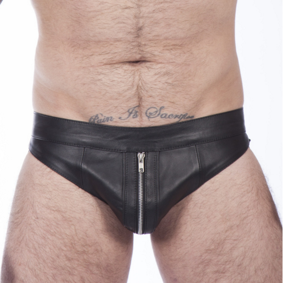 Titus Leather Zipper Jockstrap with Double Stripes | Black